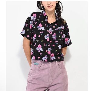 Zumiez A-Lab Kona Teddy Bear Black Crop Short Sleeve Button Up Shirt Sz Large